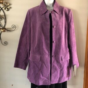 NEW Vintage Bernardo Purple Leather Jacket Size L Trench Coat Fall Winter Pocket